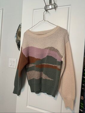 Cozy Multi-Color Patterned Crewneck Sweater - Cream, Pink & Green